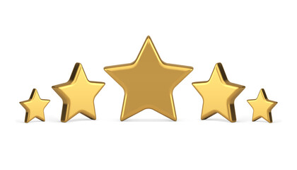 Obraz premium Five golden stars different shape premium quality rating evaluation badge realistic 3d icon vector
