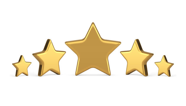 Five golden stars different shape premium quality rating evaluation badge realistic 3d icon vector