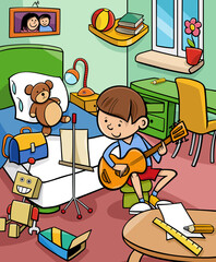 boy playing guitar in his room cartoon illustration