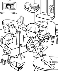 boy playing guitar in his room cartoon coloring page