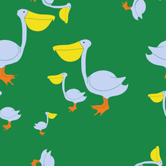 Seamless stylized colored  pelican. Hand drawn.