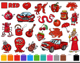 set with cartoon characters and objects in red