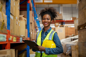 Portrait of female staff smiling with holding clipboard standing in warehouse with looking at...