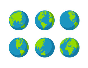 Set globes icon collection isolated on white background. Planet with continents Africa, Asia, Australia, Europe, North America and South America, Antarctica. Vector stock