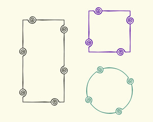 Frame outline set. Hand drawn decorative doodle ink stroke borders, swirl lines, circle, square, rectangle geometric shapes. Vector illustration