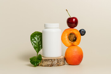 Multivitamin mockup white bottle with fresh fruits, organic vitamins, bio supplement, healthy...