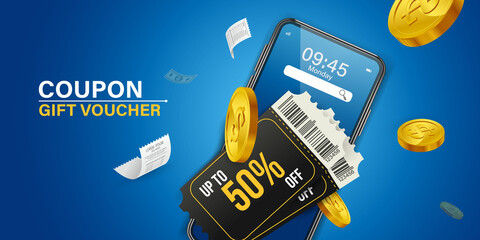 Coupon up to 50% off black rips floating in air with coin. all on  blue background.gift voucher 50% discount on shopping.summer offer ends weekend holiday.Big sale and super sale coupon code discount