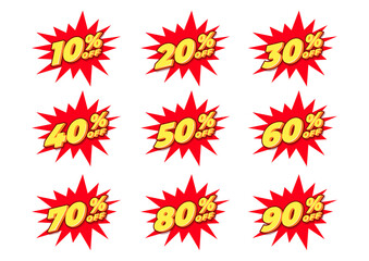Sale and discount labels. Price off tag icon flat design collection set. 10, 20, 30, 40, 50, 60, 70, 80, 90 percent sale. Vector illustration.