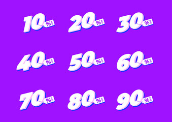 Sale and discount labels. Price off tag collection set. 10, 20, 30, 40, 50, 60, 70, 80, 90 percent sale. Vector illustration.