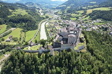 Festung Hohenwerfen-Schloss Hohenwerfen medieval castle,Austria,Europe, aerial panorama landscape...
