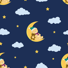 Obraz premium Cute cartoon seamless pattern with bear sleeping on the moon for decorative,fabric,textile,kid product and all print