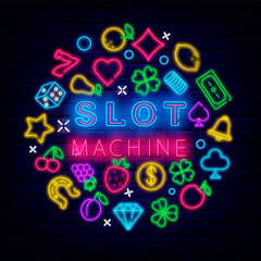 Slot machine neon circle layout with headline text. Jackpot signboard. Vector stock illustration