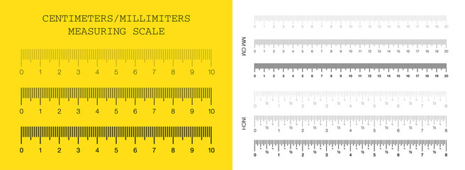 Ruler. Measuring scale, Markup for Rulers. Vector illustration. Centimeters and Millimeters Scale. Inch Scale. Set..
