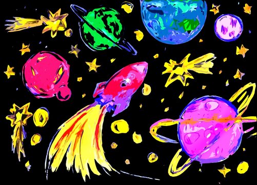 multicolored space with planets, stars and a rocket