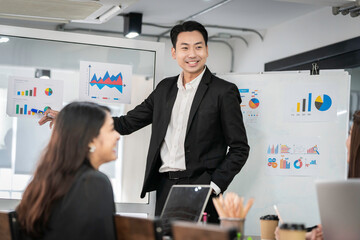 An Asian businessman is presenting his company performance report to his boss or group of male and female colleagues with confidence and professionalism.