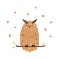 print poster of a cute owl on a branch against the background of stars in scandinavian style