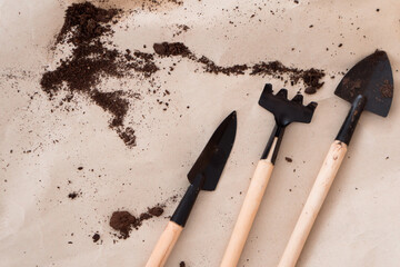 Mini shovels and rake on paper for transplantation houseplants