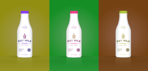 Set of Soy Milk Bottle with Colorful Background. Healthy Organic Product Made of Soy Beans. Vector Illustration. Advertising Template. Print.