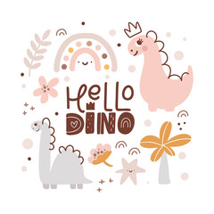 Cute vector kids Greeting card with dinosaur with crown and baby text Hello Dino. Cartoon dino Princess girl Scandinavian style illustration. Star, dots flower, rainbow. For children party
