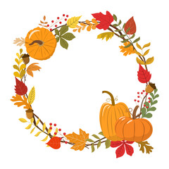 Naklejka na ściany i meble Autumn wreath with pumpkins and leaves. Thanksgiving day, harvest festival banner design template. Vector illustration. Isolated on white background.