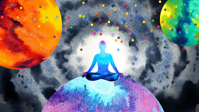 spiritual human meditate mental mind soul health connect universe chakra healing peace yoga breath holistic imagine inspiring therapy art illustration watercolor painting fantasy digital collage