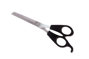 Black plastic handle scissors isolated on white background.