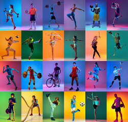 Fototapeta Set of images of different professional sportsmen, fit people and kids in action, motion isolated on multicolor background in neon. Collage obraz