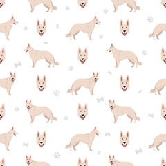 Berger Blanc Suisse seamless pattern. Different coat colors and poses set
