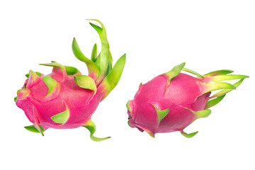 dragonfruit with half and slice isolated on white background.  A pitaya or pitahaya is the fruit of several cactus species indigenous to the Americas.