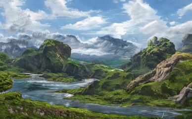 Fototapeta na wymiar Fantastic Epic Magical Landscape of Mountains. Summer nature. Mystic Valley, tundra, forest. Gaming assets. Celtic Medieval RPG background. Rocks and grass. Beautiful sky and clouds. Lakes and rivers 