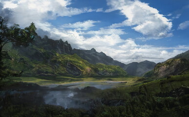 Naklejka na ściany i meble Fantastic Epic Magical Landscape of Mountains. Summer nature. Mystic Valley, tundra, forest. Gaming assets. Celtic Medieval RPG background. Rocks and grass. Beautiful sky and clouds. Lakes and rivers 