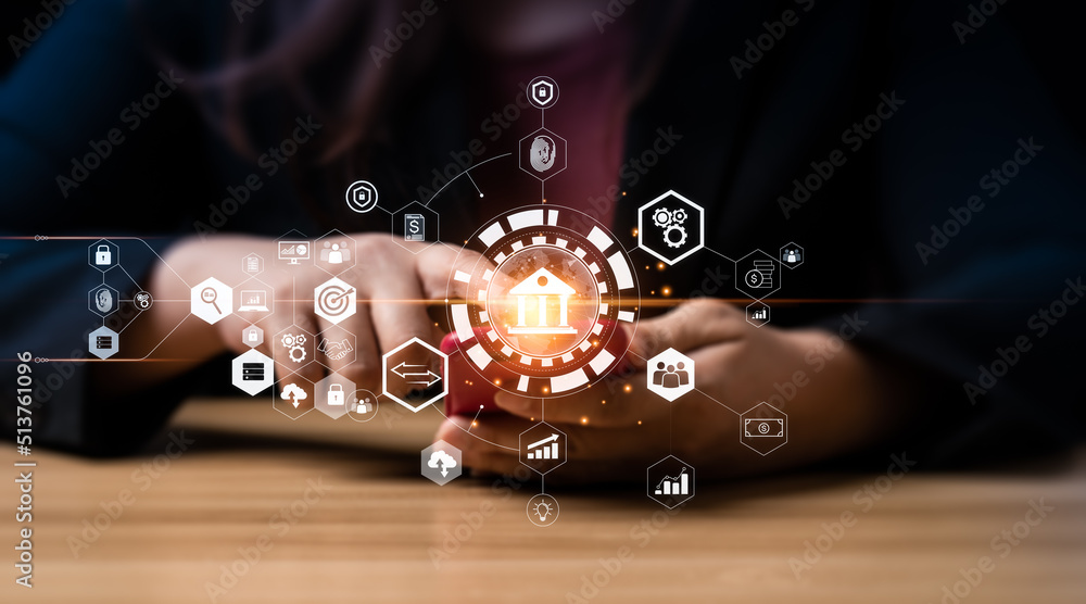 Poster businessman using mobile online banking and taps a bank icon to connect to a networking. finance and