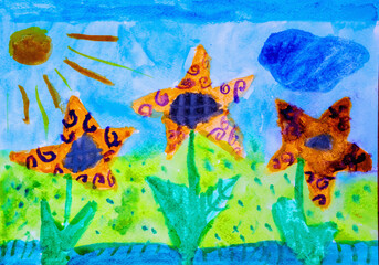The world through the eyes of a child. Child's drawing of beautiful landscape with flowers.