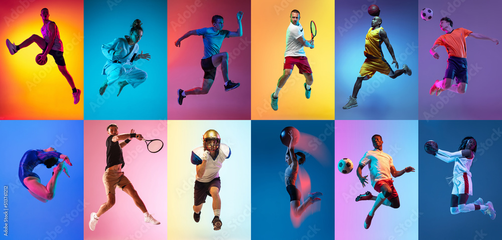 Wall mural Collage of professional sportsmen in action and motion isolated on multicolored background in neon light. Flyer. Advertising, sport life concept