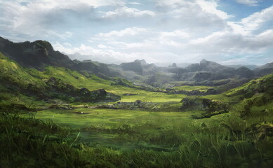 Naklejka na ściany i meble Fantastic Epic Magical Landscape of Mountains. Summer nature. Mystic Valley, tundra, forest. Gaming assets. Celtic Medieval RPG background. Rocks and grass. Beautiful sky and clouds. 