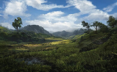 Fantastic Epic Magical Landscape of Mountains. Summer nature. Mystic Valley, tundra, forest. Gaming assets. Celtic Medieval RPG background. Rocks and grass. Beautiful sky and clouds.   