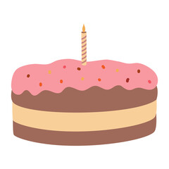 Hand drawn birthday cake with  one candle. Doodle vector illustration on boho style.