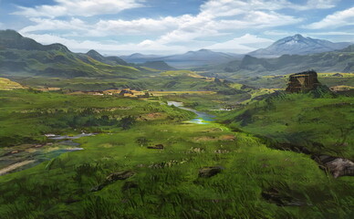 Fototapeta na wymiar Fantastic Epic Magical Landscape of Mountains. Summer nature. Mystic Valley, tundra, forest. Gaming assets. Celtic Medieval RPG background. Rocks and grass. Beautiful sky and clouds. 