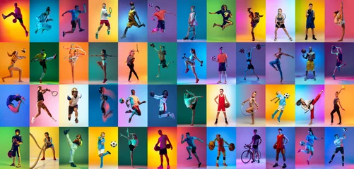 Tuinposter Group of professional sportsmen and kids with sport equipment isolated on multicolored background in neon light. Flyer. Advertising, sport life concept © master1305