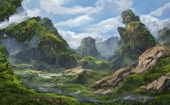 Fantastic Epic Magical Landscape of Mountains. Summer nature. Mystic Valley, tundra, forest. Gaming assets. Celtic Medieval RPG background. Rocks and grass. Beautiful sky and clouds.   