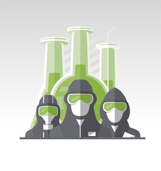 Vector poster with scientists dressed in protective suits and masks