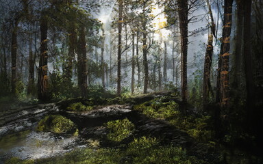 Fantastic Epic Magical Forest Landscape. Summer beautiful mystic nature. Gaming assets. Celtic Medieval RPG background. Rocks and green trees. Sky with clouds. Green Forest  © Abstract51