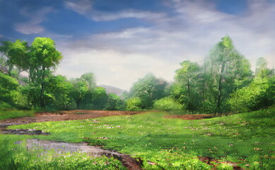 Fantastic Epic Magical Forest Landscape. Summer beautiful mystic nature. Gaming assets. Celtic Medieval RPG background. Rocks and green trees. Sky with clouds. Green Forest	