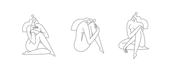 Contemporary female body vector illustration set. Nude woman silhouette in abstract pose. Feminine figure graphic design. Line art, editable strokes. Beauty, body care concept for logo. Modern art