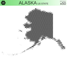 Dotted map of the state of Alaska in the USA, from hexagons, on a scale of 50x50 elements. With rough edges from a grayscale gradient on a white background.