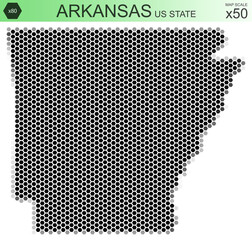 Dotted map of the state of Arkansas in the USA, from hexagons, on a scale of 50x50 elements. With rough edges from a grayscale gradient on a white background.