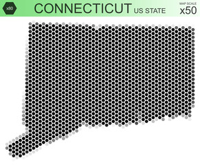 Dotted map of the state of Connecticut in the USA, from hexagons, on a scale of 50x50 elements. With rough edges from a grayscale gradient on a white background.