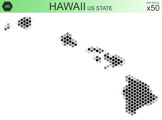 Dotted map of the state of Hawaii in the USA, from hexagons, on a scale of 50x50 elements. With rough edges from a grayscale gradient on a white background.