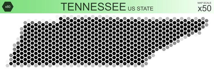 Dotted map of the state of Tennessee in the USA, from hexagons, on a scale of 50x50 elements. With rough edges from a grayscale gradient on a white background.