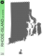 Dotted map of the state of Rhode-Island in the USA, from hexagons, on a scale of 50x50 elements. With rough edges from a grayscale gradient on a white background.